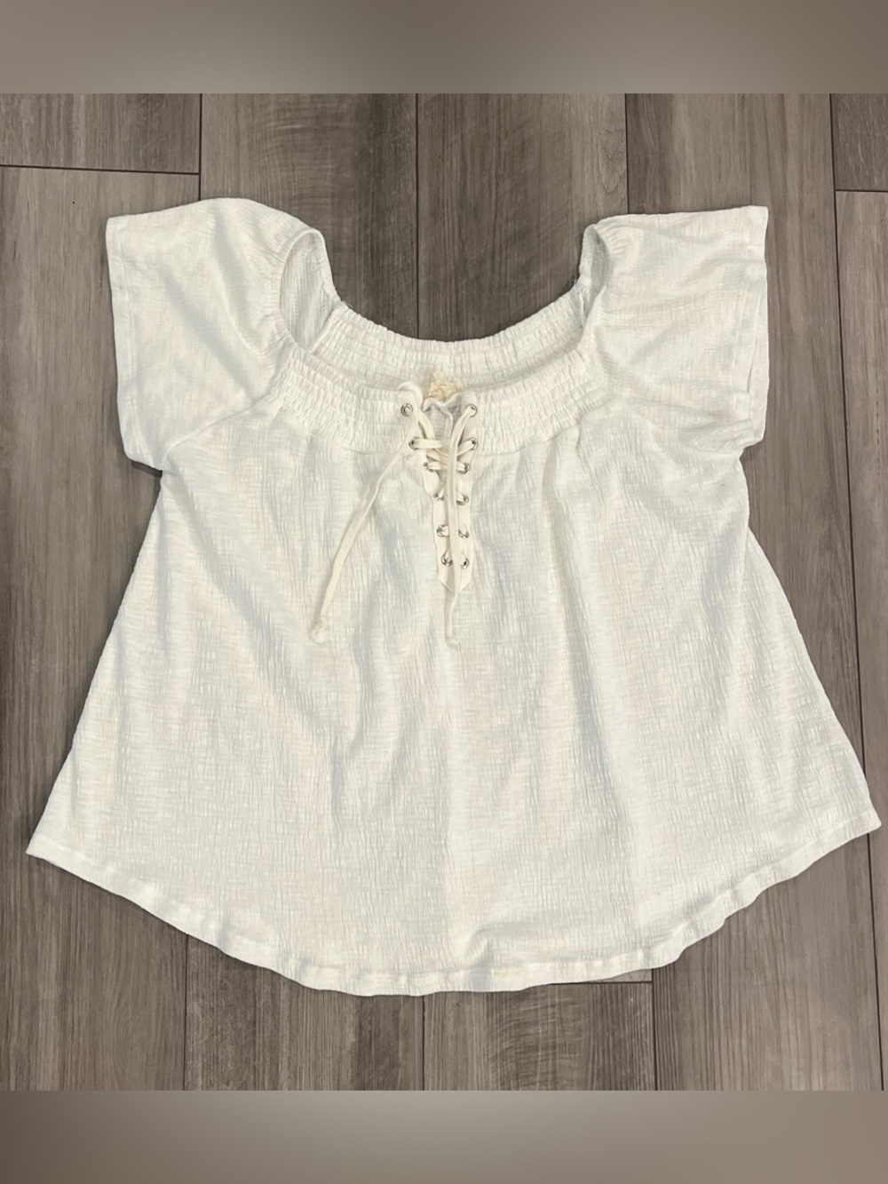 Hem & Thread White Lace-Up Smocked Women’s Top